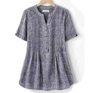Coldwater Creek Tuck & Release 100% Linen Blouse 2X Navy / Gray Plus Size